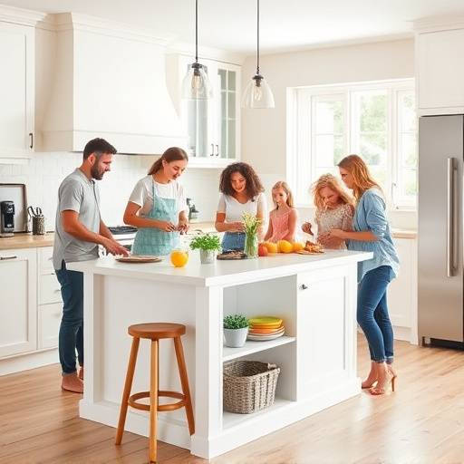 Family happily cooking together on a large, organized kitchen island with white cabinetry and light wood accents