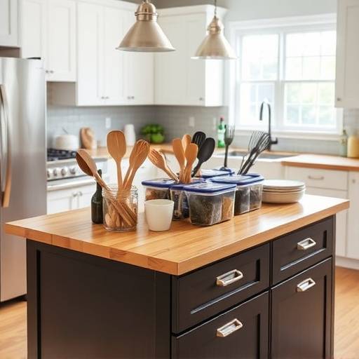 Organized kitchen island with drawers containing utensils and containers